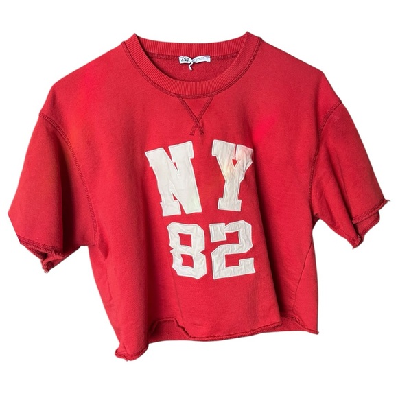 Zara NY 82 Varsity Patch Embroidered Distressed Trim Short Sleeve Sweatshirt Tee - Picture 5 of 7